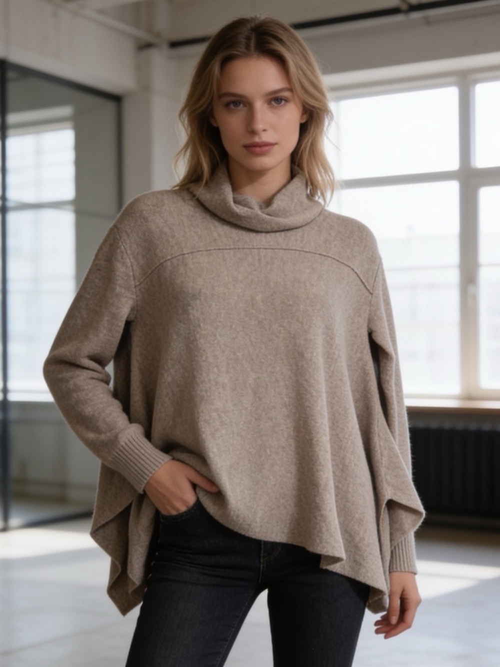 Free People Drapey Cowl Neck Sweater Oatmeal Beige Oversized Small